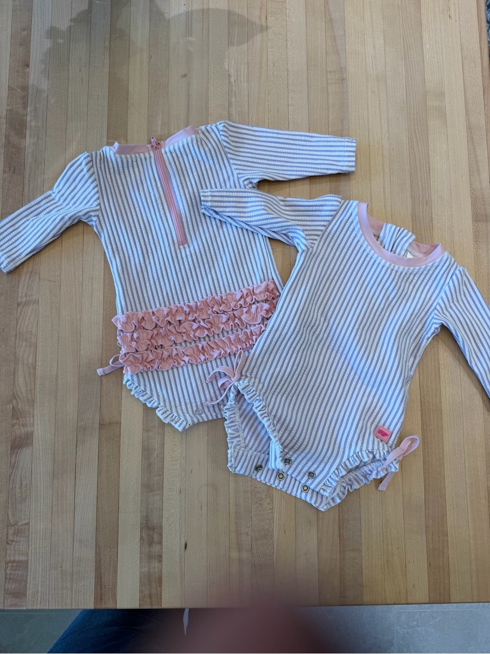 RuffleButts Baby Girls Purple Striped w/ Pink Ruffle One-Piece Swimsuit - 2 Pack